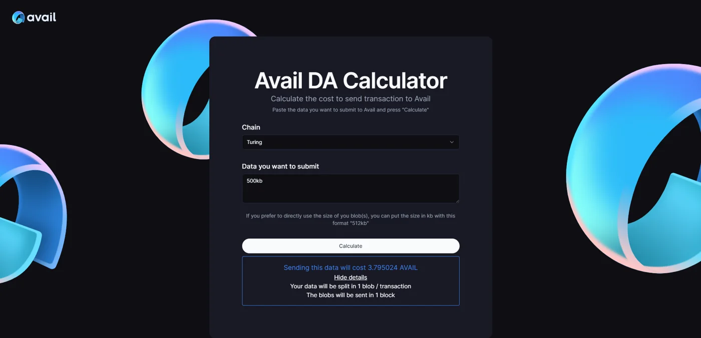 Avail DA Cost calculator